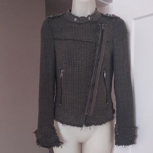 Zara Olive Green Tweed Moto Jacket With Side Pockets & Epaulettes -Size XS